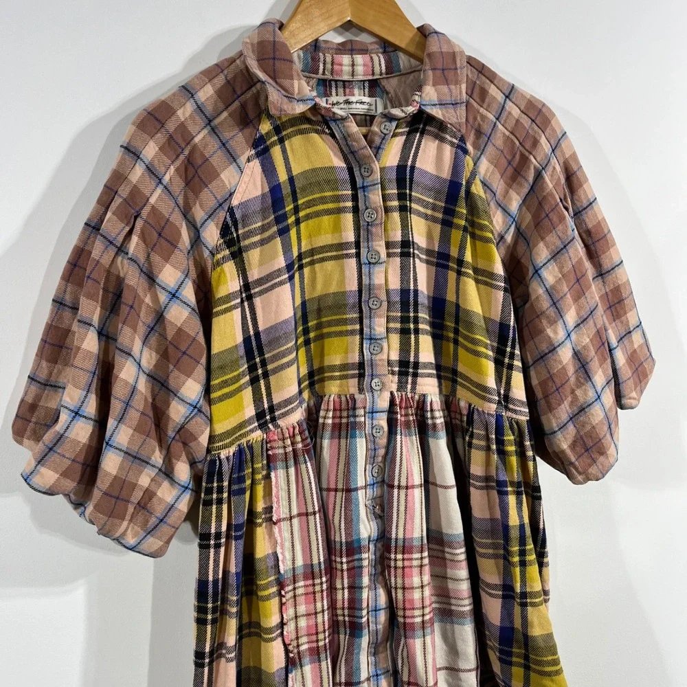 We The Free Moon Bay Boho Plaid Patchwork Babydoll Top Multi Color Womens XS 90s